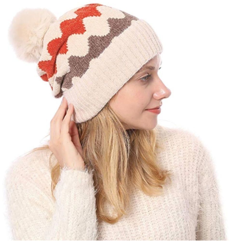 Chenille Pattern Knit Pom Beanie
